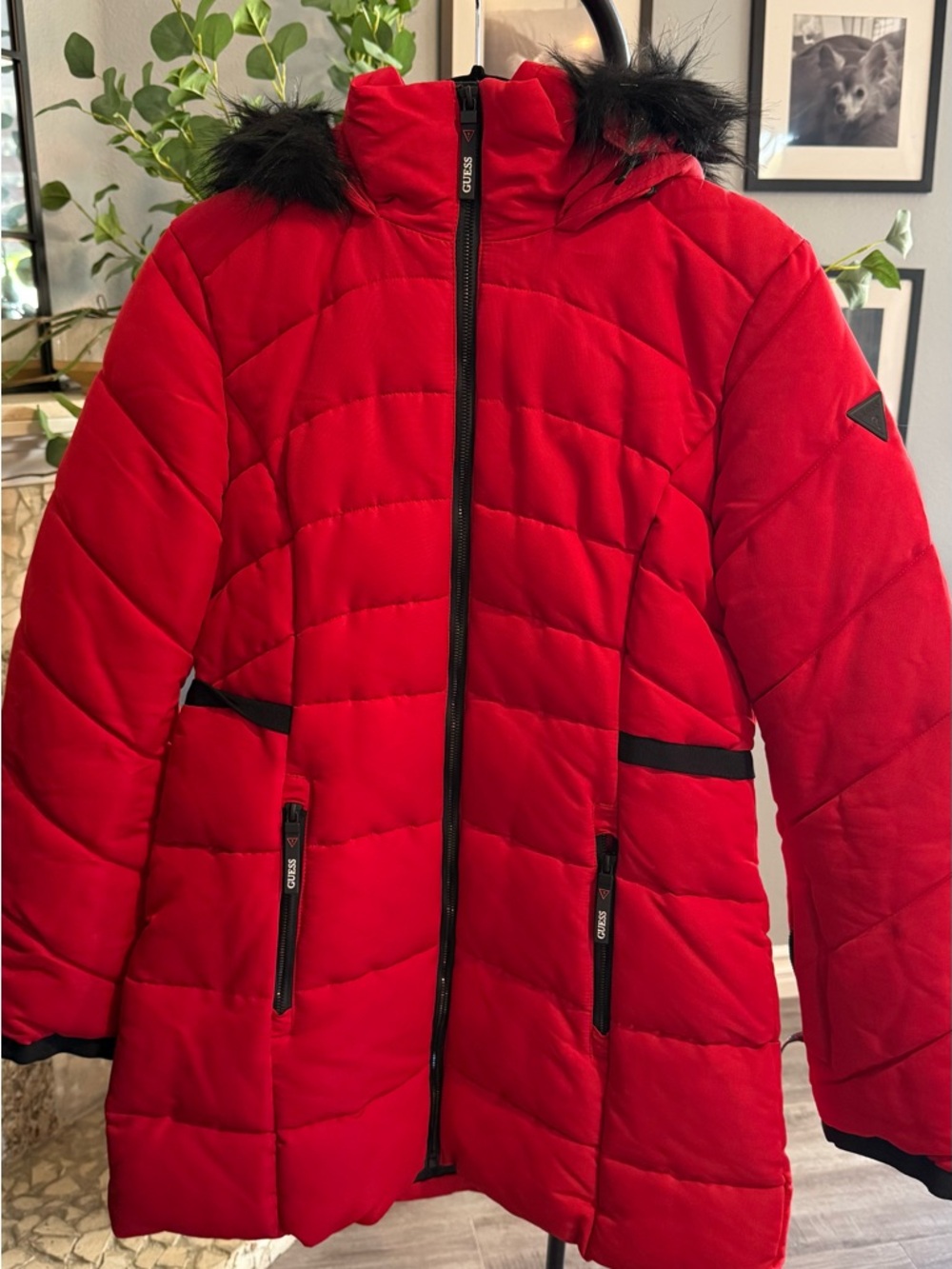 Guess Red Quilted Puffer Coat with Black Faux Fur Trim